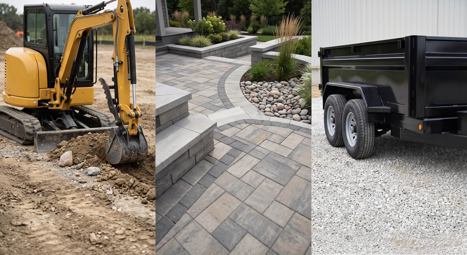 Three panels of the crew's work: a mini excavator digging, a paver patio with planted borders, and a dump trailer on site.
